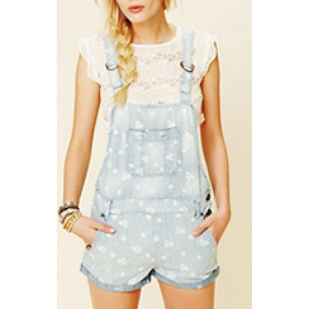 Free People Blue Denim Ditsy Floral Shortall Romper Short Overalls Size 2